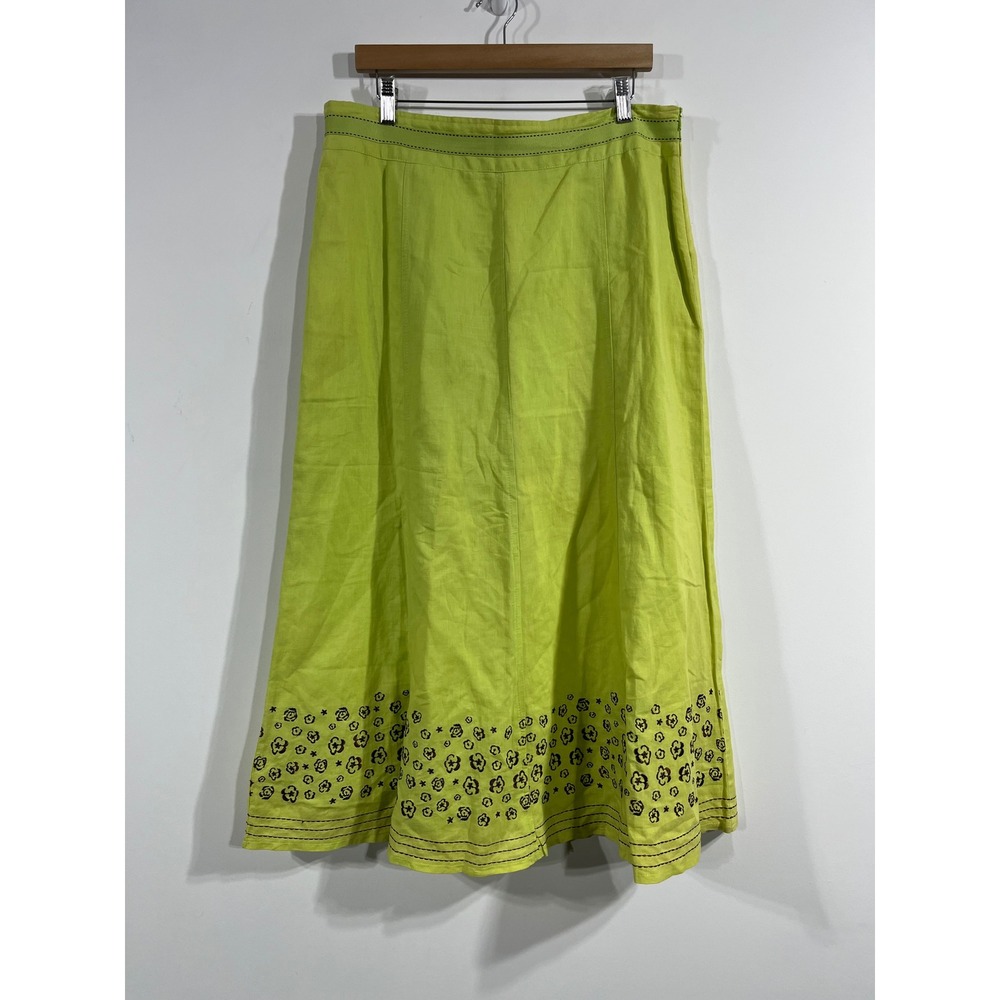 Womens Chartruese Green Linen Cotton Floral Embroidered Midi A-Line Skirt Size 4